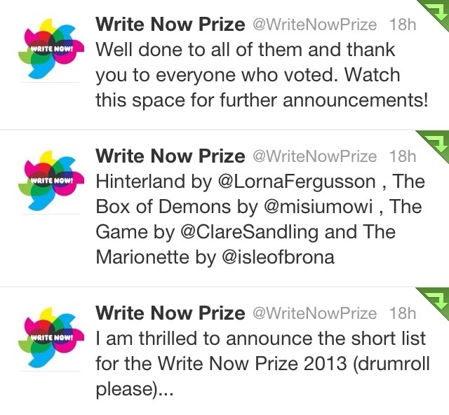 The shortlist, as announced on Twitter. (Before I changed my Twitter name to @dwhelanwriter)